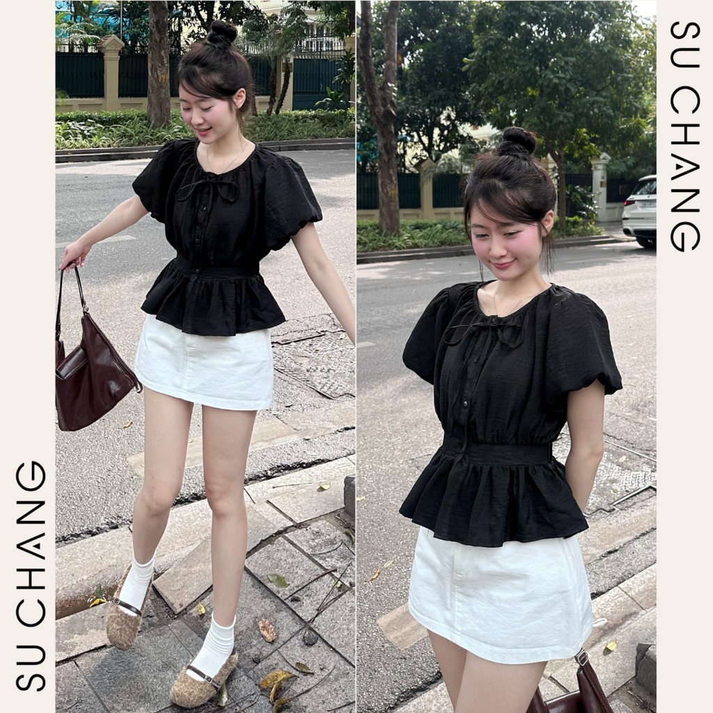 Áo Sơ Mi Cộc Tay Cổ Tròn Tay Bồng Chun Lưng A855 Su Chang Thời Trang Nữ | BigBuy360 - bigbuy360.vn