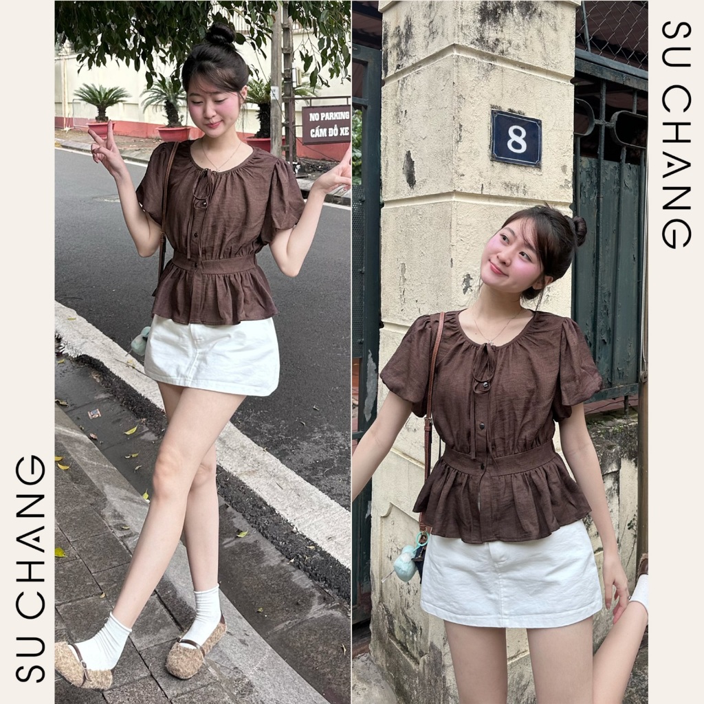 Áo Sơ Mi Cộc Tay Cổ Tròn Tay Bồng Chun Lưng A855 Su Chang Thời Trang Nữ | BigBuy360 - bigbuy360.vn