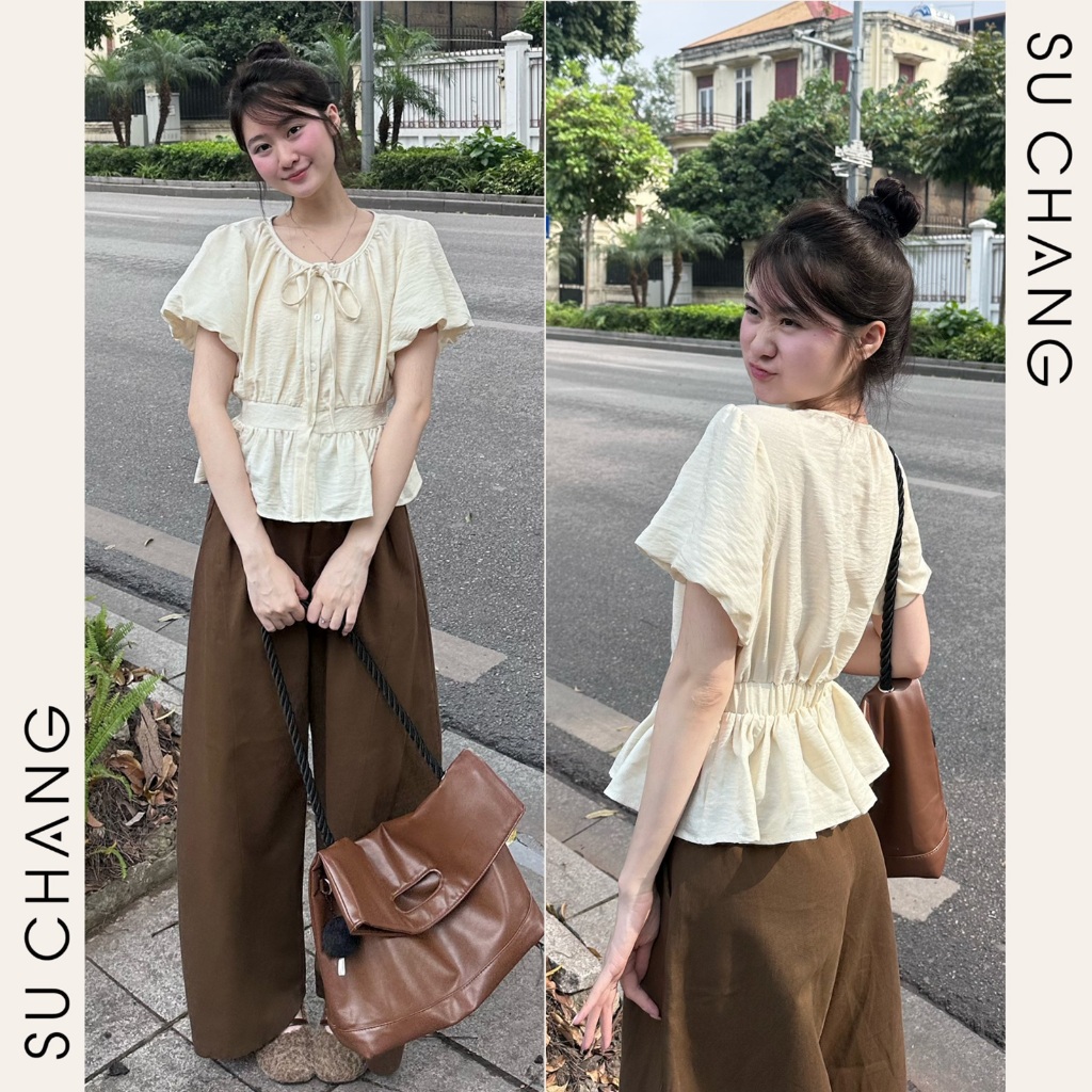 Áo Sơ Mi Cộc Tay Cổ Tròn Tay Bồng Chun Lưng A855 Su Chang Thời Trang Nữ | BigBuy360 - bigbuy360.vn