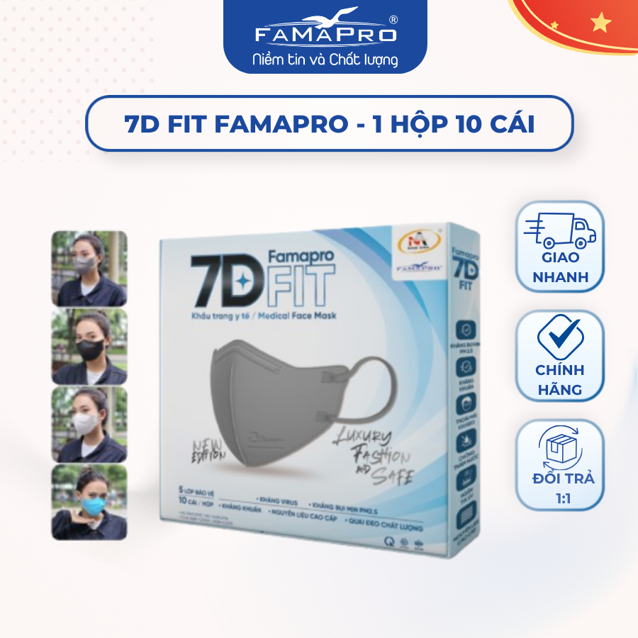 Khẩu trang 5 lớp cao cấp 7D Fit Famapro Nam Anh hộp 10 cái