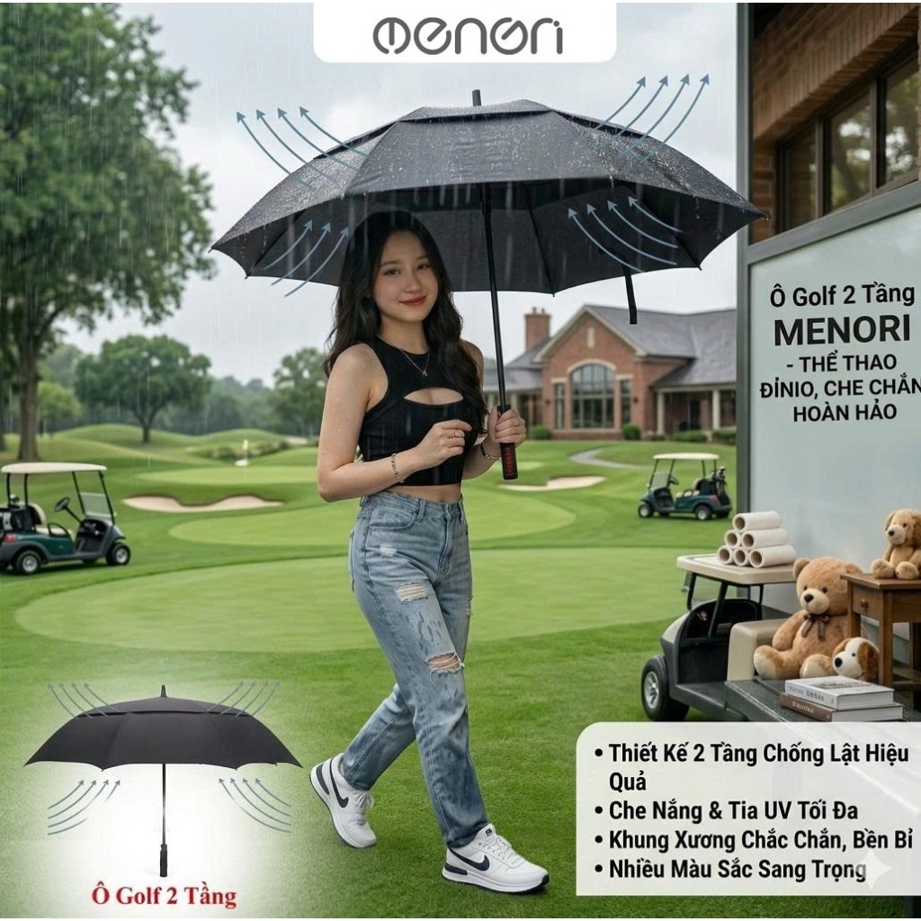 Ô Dù đi mưa 2 tầng chống lật, ô golf 2 tầng cán thẳng chống tia UV