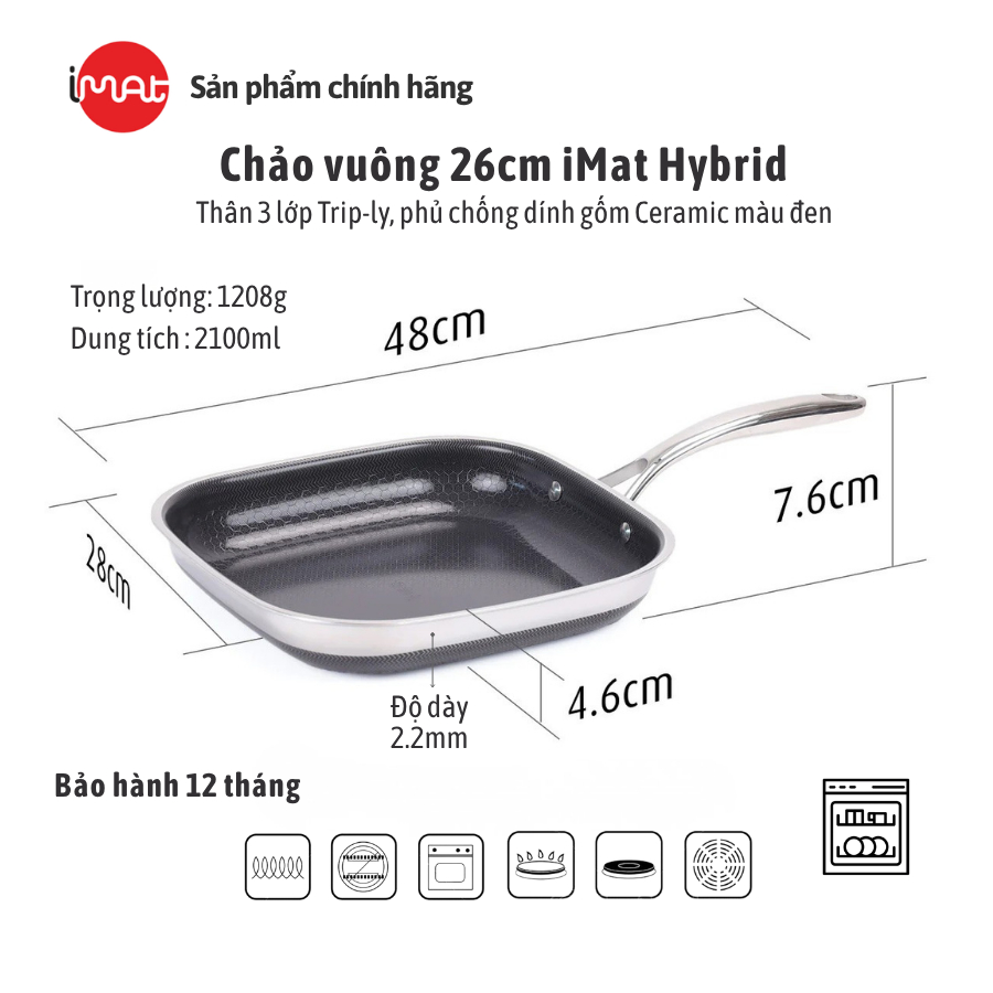 Chảo chiên vuông iMat Hybrid 26cm phủ chống dính gốm Ceramic đen, chảo iNox dùng chiên xào thực phẩm