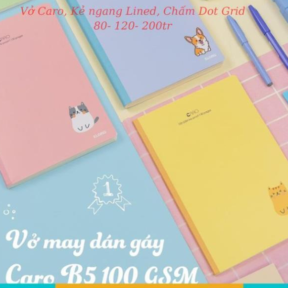 Vở Klong caro B5 80 trang,120 trang,200 trang caro may dán gáy bìa màu Pastel, sổ Klong