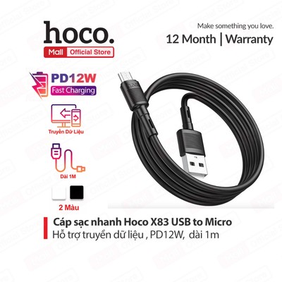 Cáp sạc nhanh PD12W USB to Micro Hoco X83 dài 1M hỗ trợ truyền dữ liệu , dây dẻo dùng cho Android/Samsung/Oppo