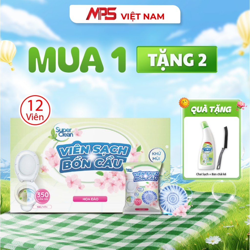Combo 12 Viên Sạch Bồn Cầu Super Clean - Tặng 1 Chai Sạch Bồn Cầu Super Clean và 1 Bàn Chải Kẽ