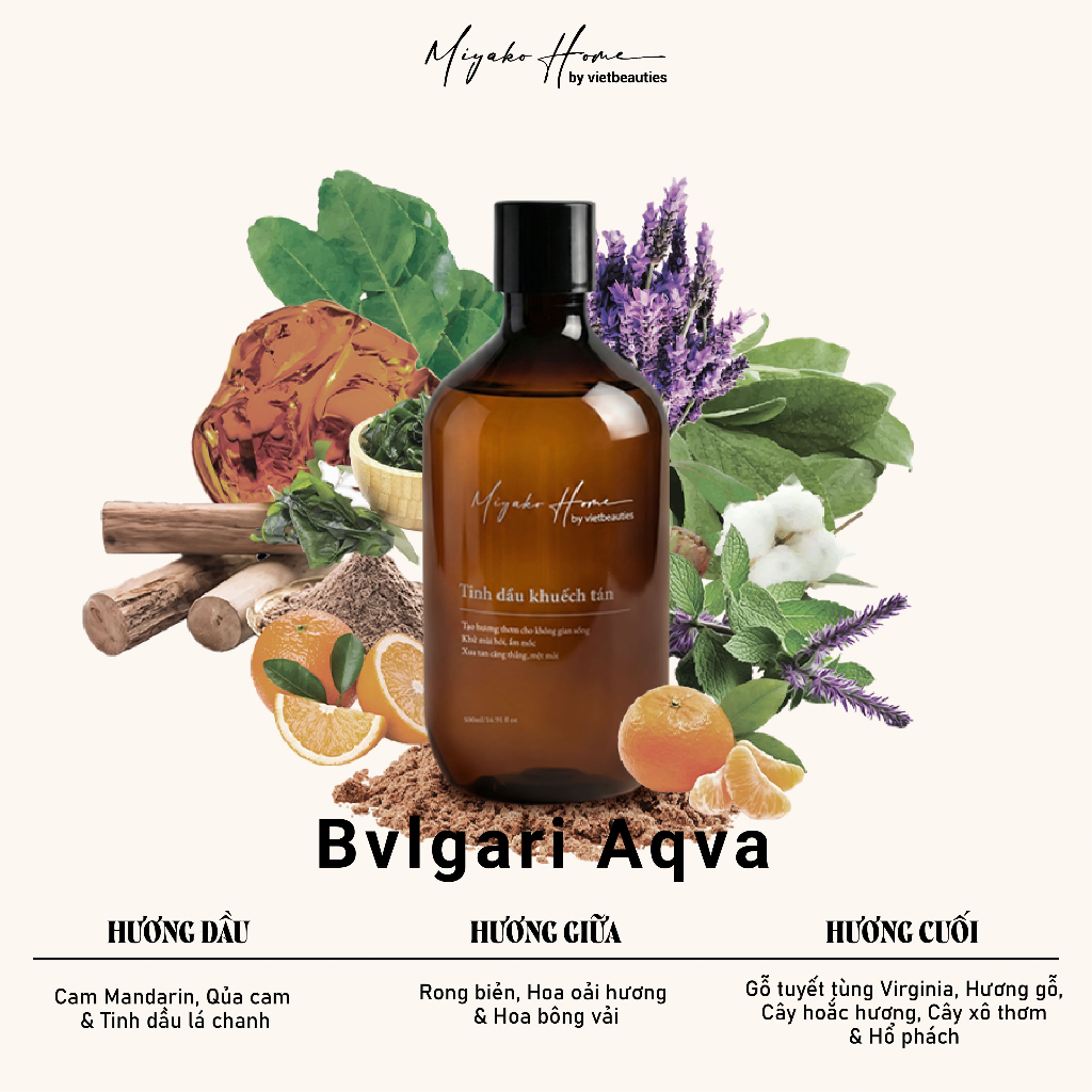 Tinh Dầu Khuếch Tán Thơm Phòng MIYAKO HOME | Hương Sảng Khoái | Bvlgari Aqva | 300-500-1000ml