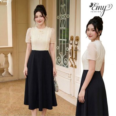 Đầm Công Sở Đi Làm EX4083 EMY Thời Trang Thiết Kế Vải Voan Hạt Kem Phối Cotton Lạnh Thanh Lịch