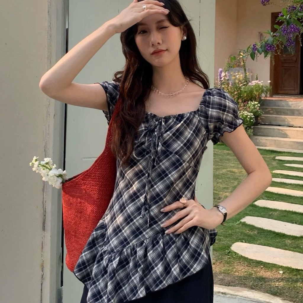 𝓜𝓲𝓷 𝓜𝓲𝓷_ Áo Sơ Mi Kẻ Caro Tà Lệch Phong Cách Hàn Quốc H56