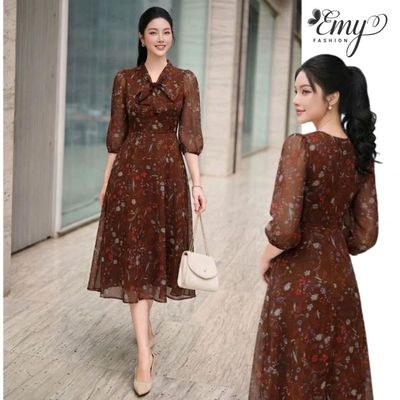 Đầm Thiết Kế Cao Cấp EMY EX9775 - Voan Tơ Nâu Hoa Nhí Cam Mát Mẻ, Thanh Lịch Cho Mẹ