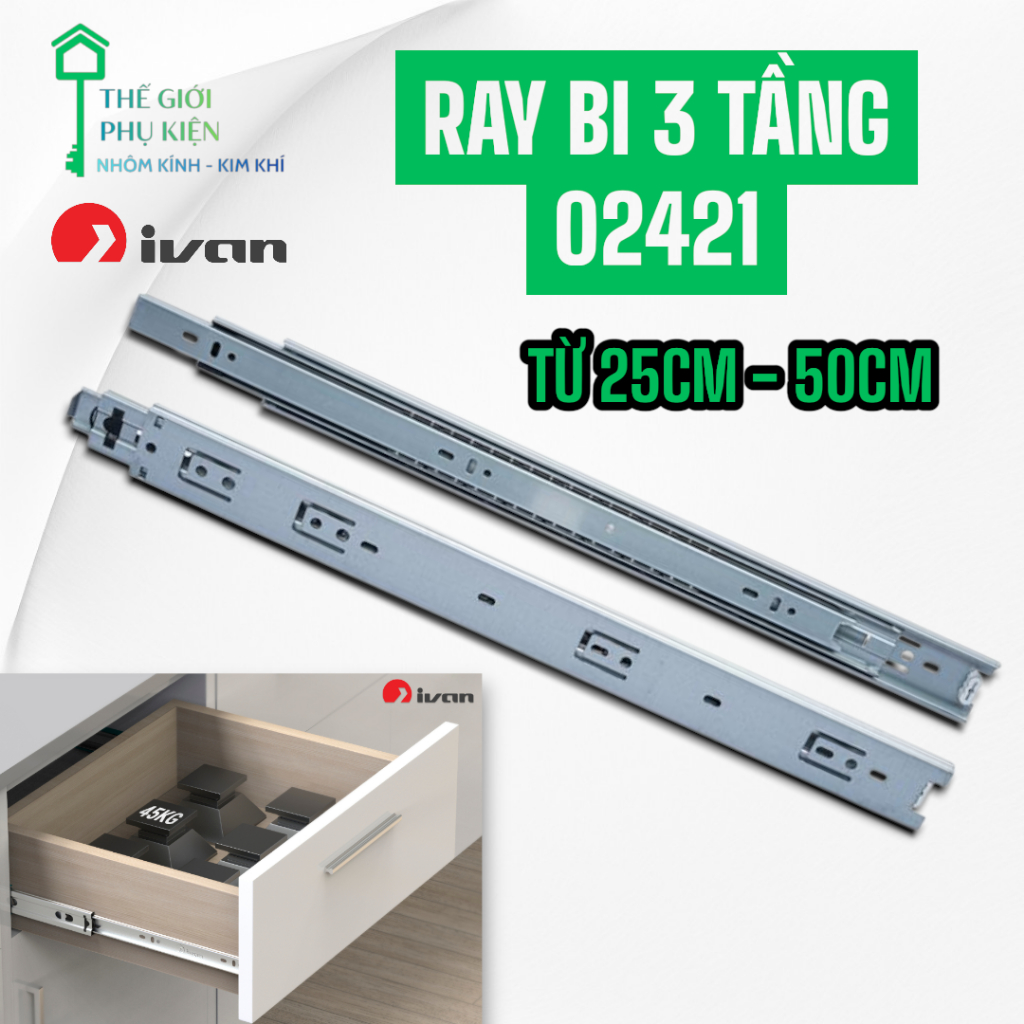 Ray bi trượt 3 tầng, Ray Ngăn Kéo Tủ, Thanh Ray Tủ Bếp, Quần Áo , Ray bi 3 Tầng 25cm-50cm, Ray kéo h