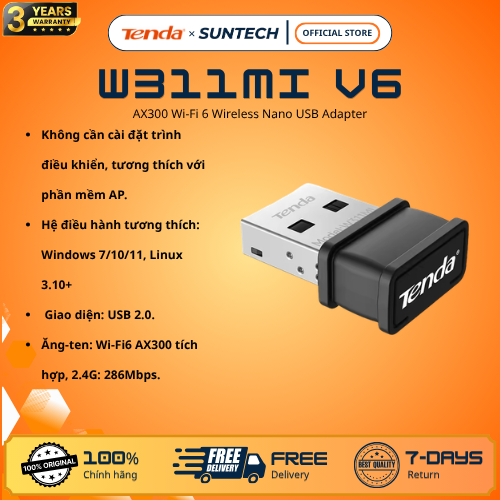 USB WiFi Nano Tenda W311MI v6.0 - Chuẩn N150 Siêu Nhỏ Gọn, Tự Cài Driver (Auto-Install), Tương Thích