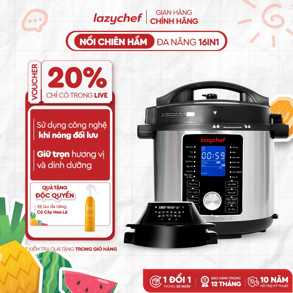Nồi Áp Suất Điện Đa Năng Lazychef 5.6L Kiêm Nồi Chiên Không Dầu Lazychef 16IN1