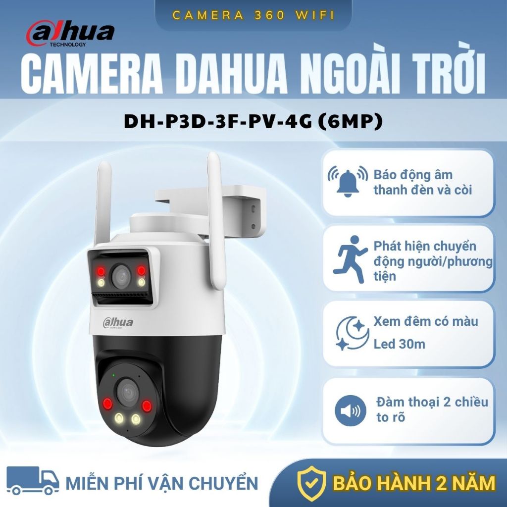 Camera Sim 4G Dahua DH-P3D-3F-PV, 2 ỐNG KÍNH 6MP, Xem 2 Màn Hình Cùng Lúc, Dùng Ngoài Trời, Chống Nư