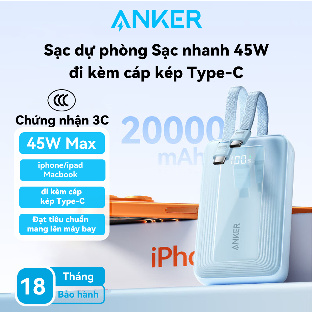 Anker Pin Sạc dự phòng A110M Chứng nhận 3C 20000mAh - Sạc nhanh 45W 2 dây tích Type-C hợp cho iPhone15/16/17 & Android