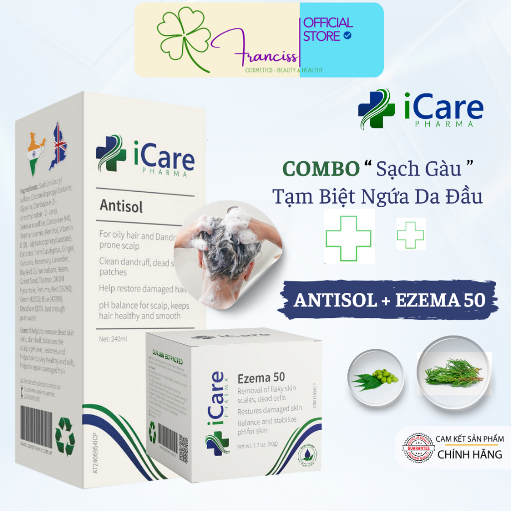 [COMBO] Dầu Gội iCare Pharma Antisol pH 6.5 [240mL] + Cao Dược Liệu iCare Ezema 50 [50G]