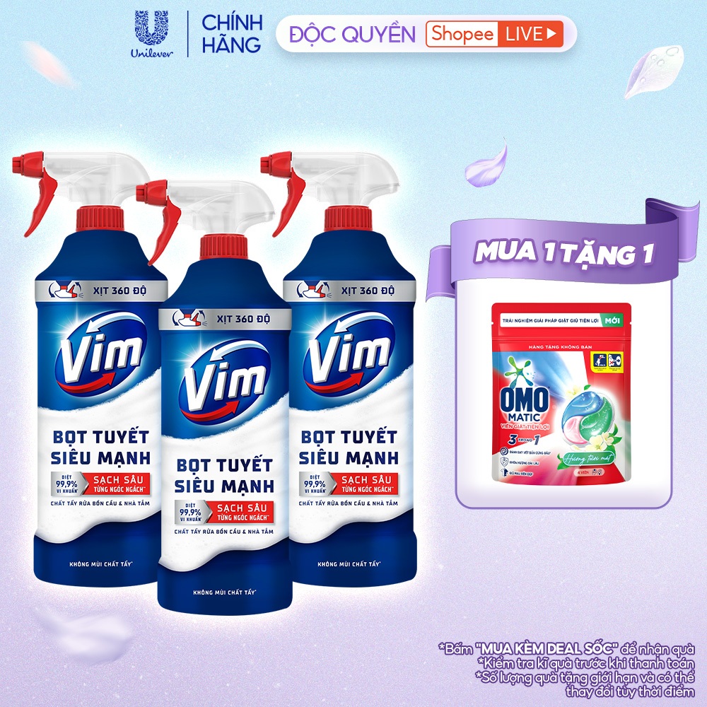 [Live] Combo 3 Chai Bọt Tuyết Siêu Mạnh Tẩy Bồn Cầu và Nhà Vệ Sinh Vim | Diệt 99,9% Vi Khuẩn (500ml)