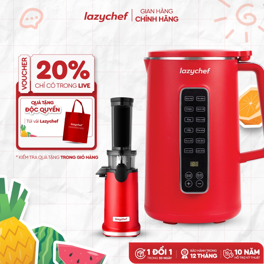 [Combo tiết kiệm] Máy Làm Sữa Hạt 12in1 Lazychef và Máy Ép Chậm Mini Lazychef - Hàng Chính Hãng