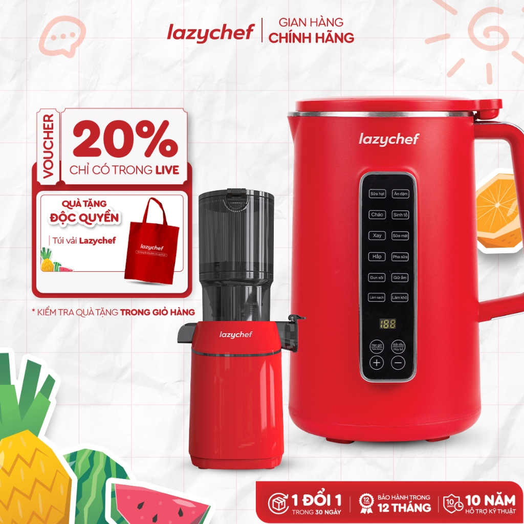 [Combo Yêu Nước] Máy Làm Sữa Hạt 12in1 1200ml Lazychef và Máy Ép Chậm Nguyên Quả 3S Lazychef