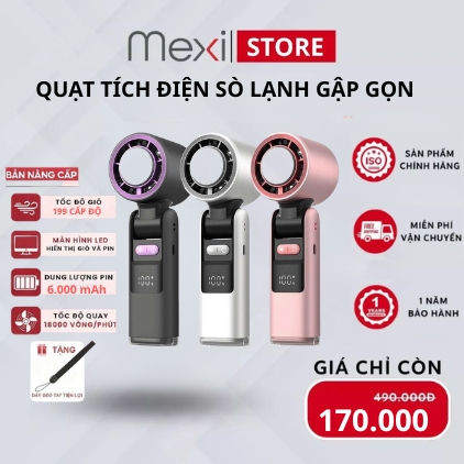 Quạt Cầm Tay Mini Sò Lạnh MEXI Dung Lượng 6000mAH Làm Mát Sò Lạnh 199 Tốc Độ Gió Gấp Gọn Tặng Kèm Dây Đeo