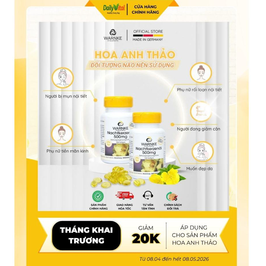 Warnke Nachtkerzenöl – Tinh dầu hoa anh thảo 500mg, bổ sung GLA & vitamin E cho phụ nữ - Hộp 100vien