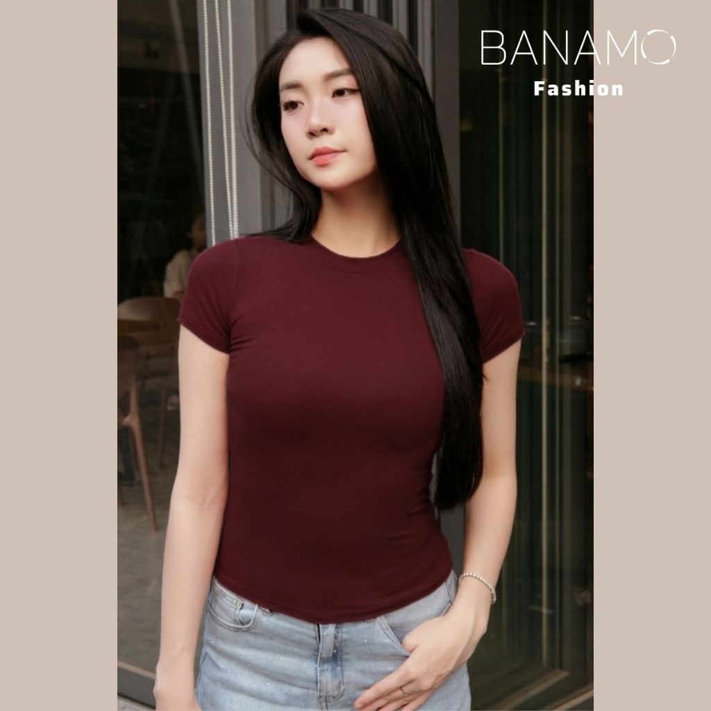 Áo thun nữ BIGSIZE Banamo Fashion áo cổ tròn cộc tay ôm body co giãn 4 chiều mềm mịn basic dễ phối đồ 395 | BigBuy360 - bigbuy360.vn