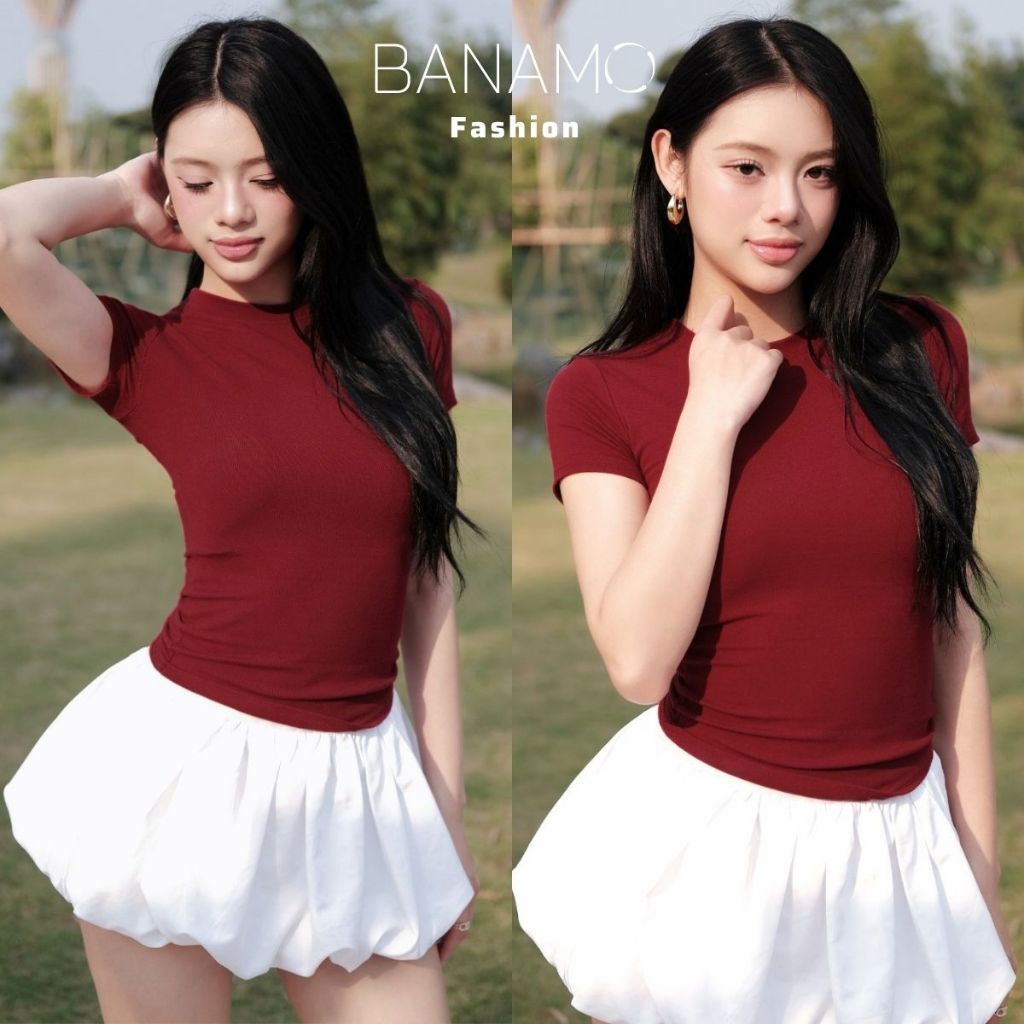 Áo thun nữ BIGSIZE Banamo Fashion áo cổ tròn cộc tay ôm body co giãn 4 chiều mềm mịn basic dễ phối đồ 395 | BigBuy360 - bigbuy360.vn