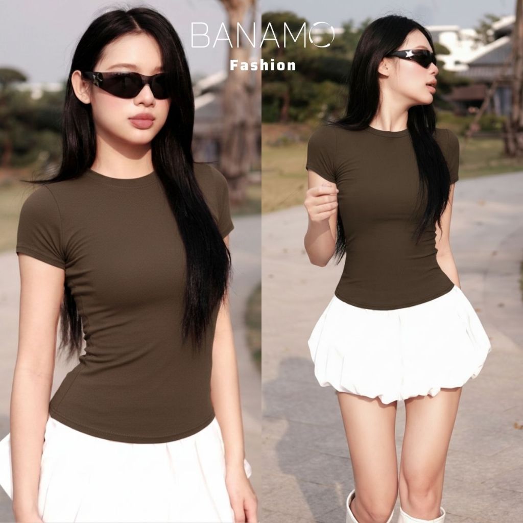 Áo thun nữ BIGSIZE Banamo Fashion áo cổ tròn cộc tay ôm body co giãn 4 chiều mềm mịn basic dễ phối đồ 395 | BigBuy360 - bigbuy360.vn