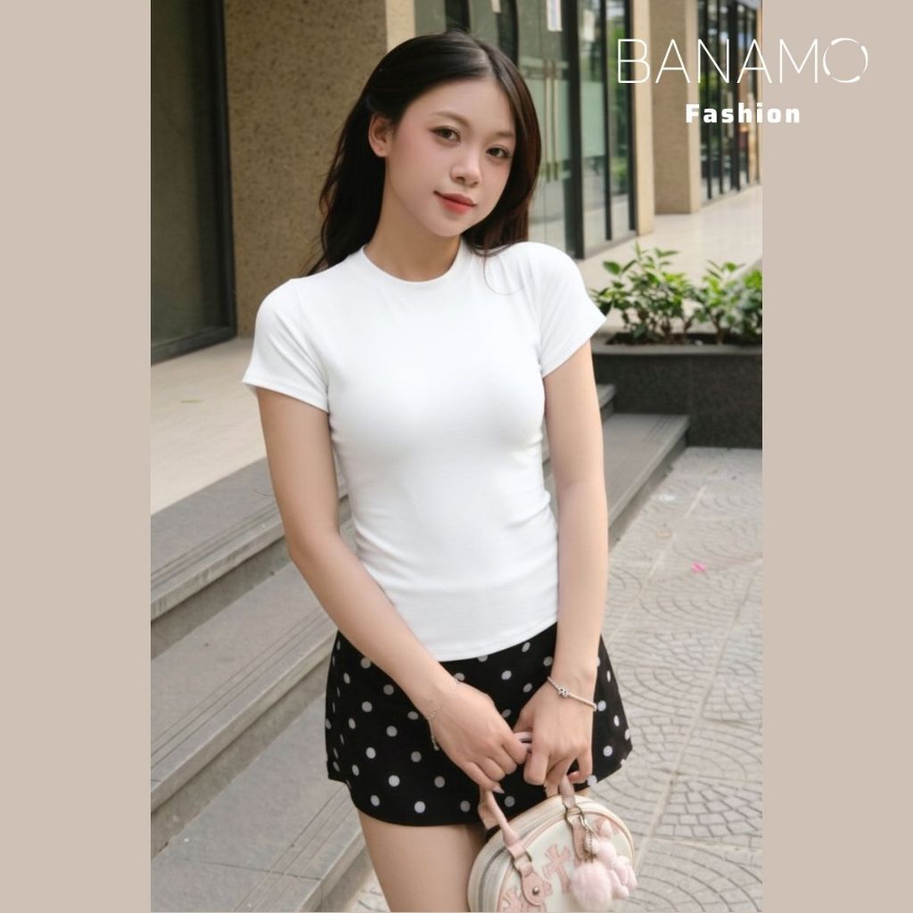 Áo thun nữ BIGSIZE Banamo Fashion áo cổ tròn cộc tay ôm body co giãn 4 chiều mềm mịn basic dễ phối đồ 395 | BigBuy360 - bigbuy360.vn