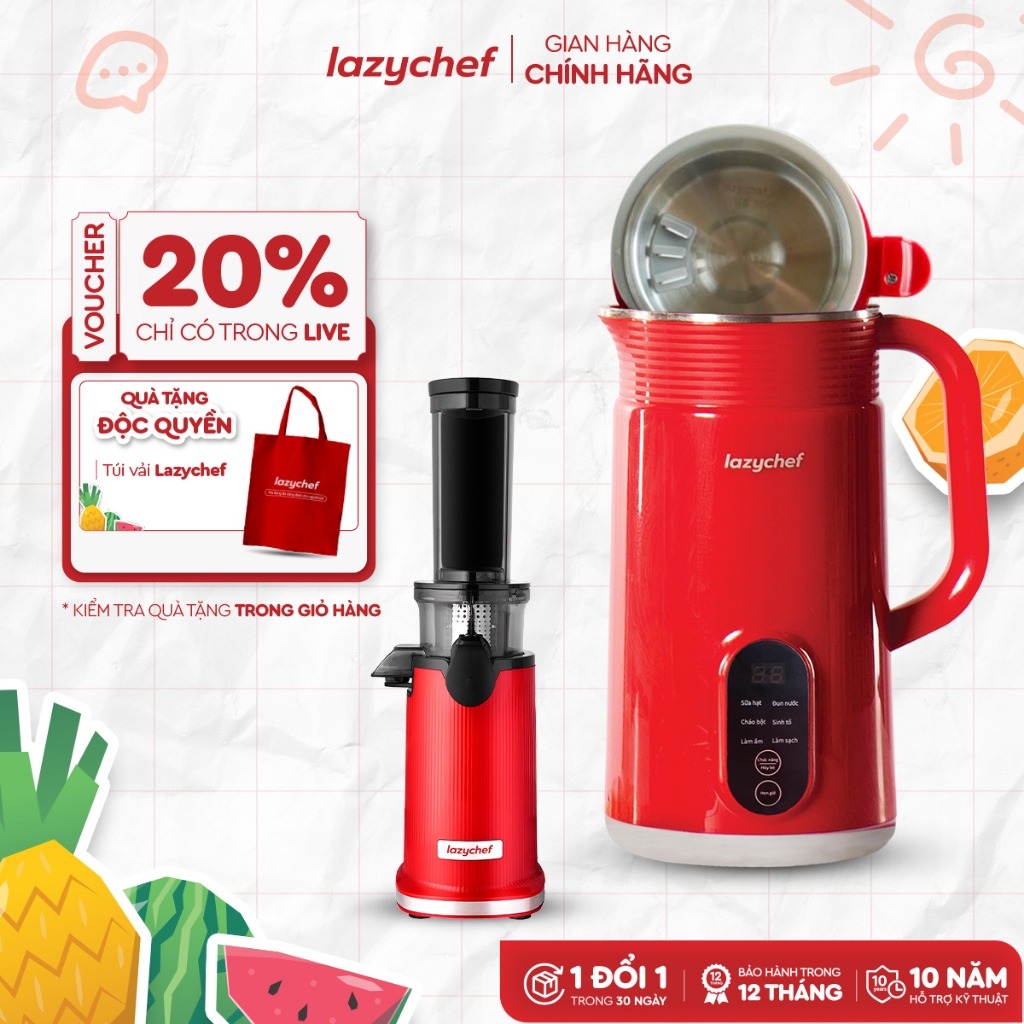[Combo Ăn Lành] Máy làm sữa hạt 5in1 nắp inox Lazychef và máy ép chậm mini 3S Lazychef