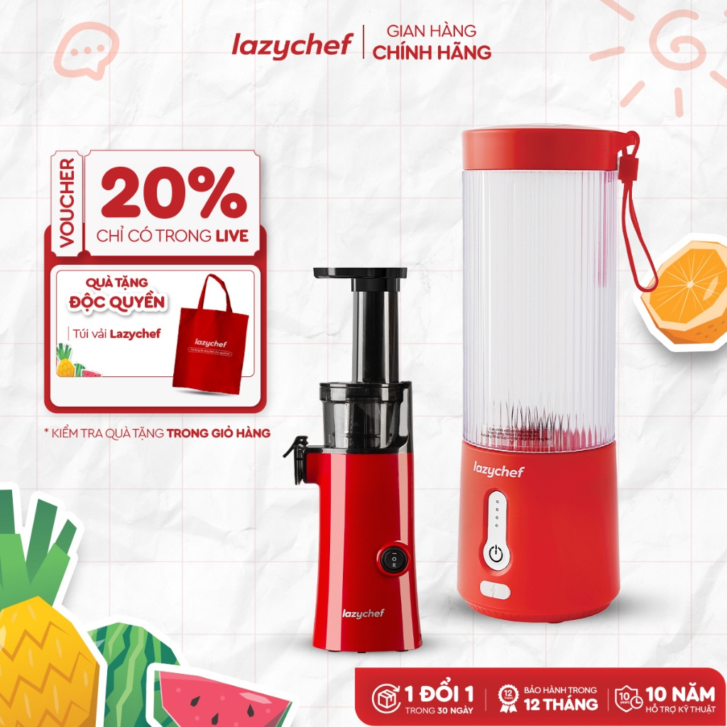 [Combo tiết kiệm] Máy Ép Chậm Mini 130W Lazychef và Máy Xay Sinh Tố Cầm Tay Lazychef 3in1 450ml
