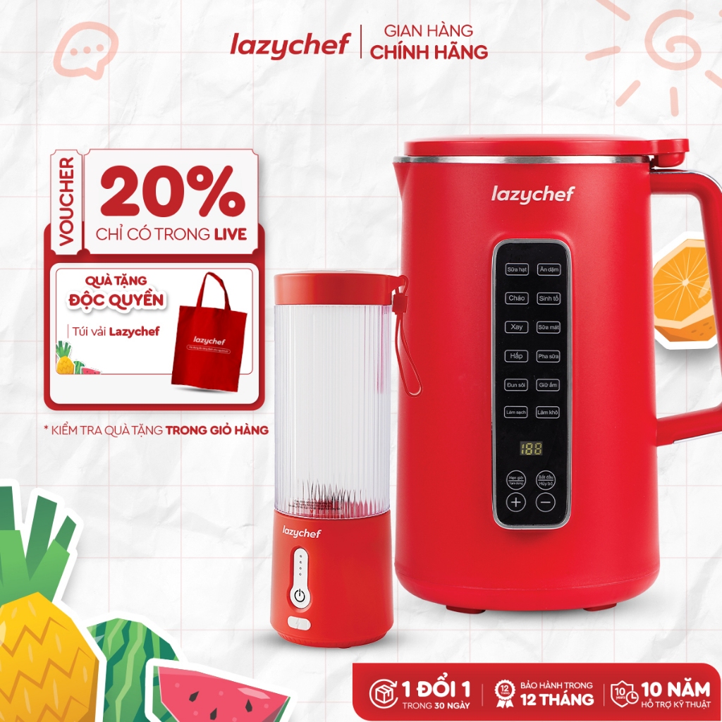 [Combo tiết kiệm] Máy Làm Sữa Hạt Lazychef 12in1 và Máy Xay Sinh Tố Cầm Tay Lazychef 3in1 450ml