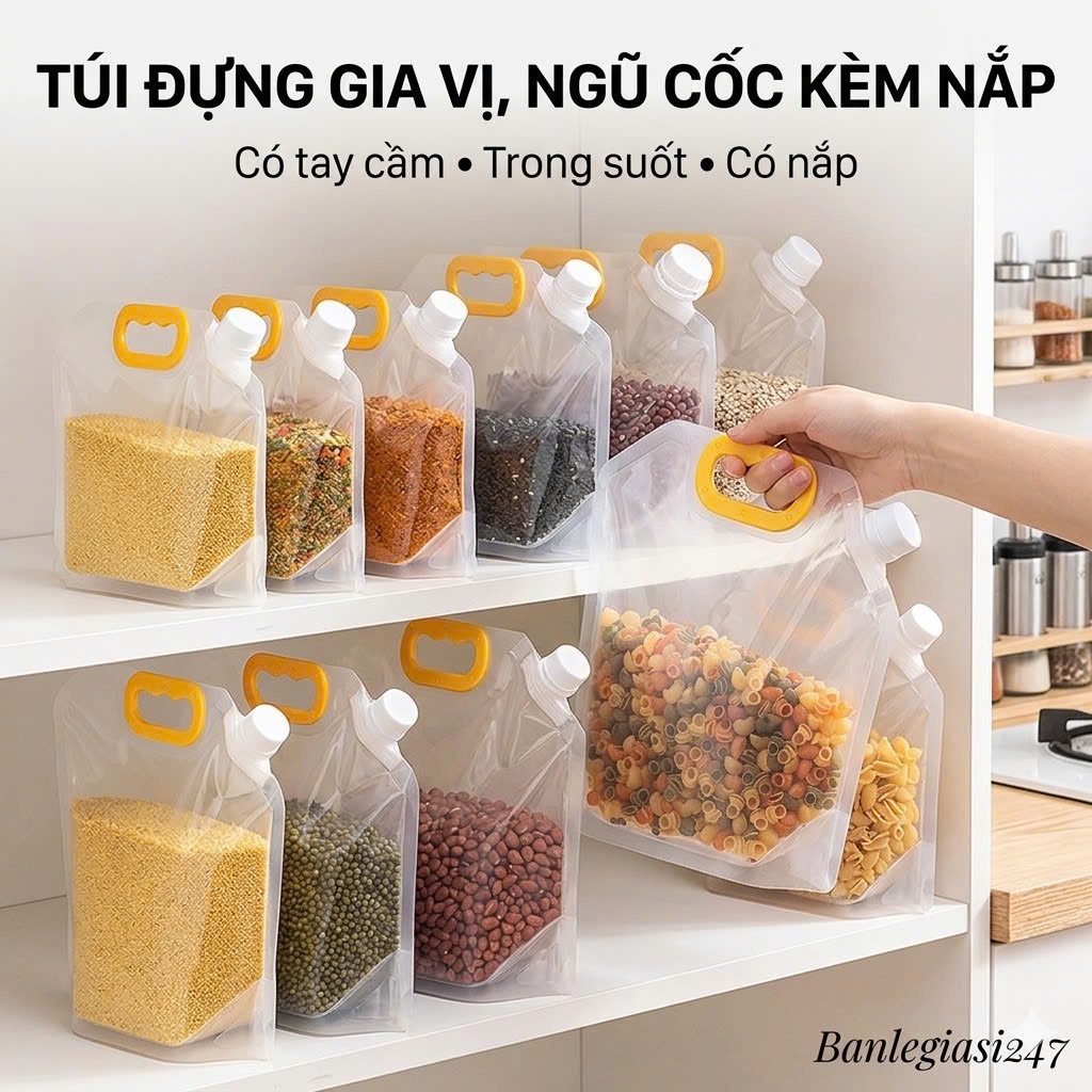 (T28) Túi Đựng Gạo, Ngũ Cốc, Gia Vị Có Tay Cầm, Có Nắp Chống Ẩm Mốc - Túi Trong Suốt Đựng Thực Phẩm 
