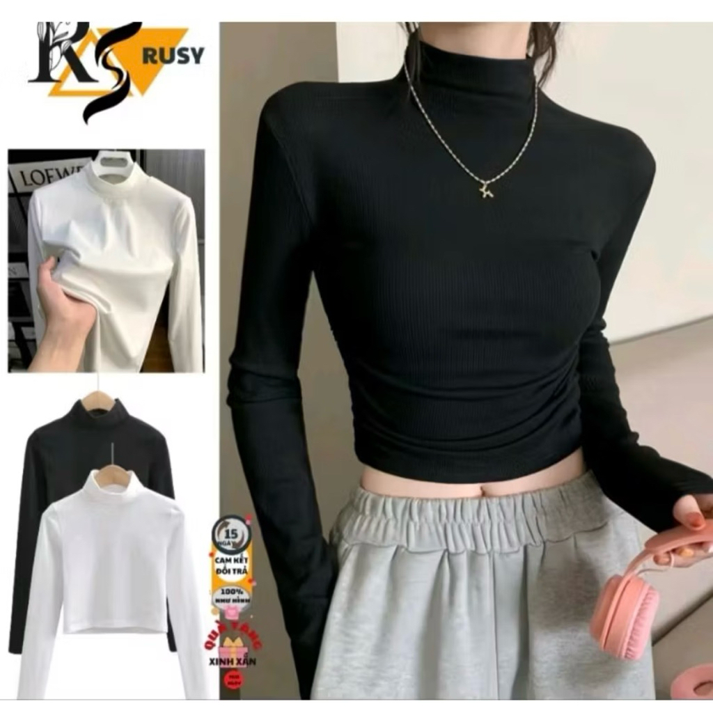 [ CÓ BIGSIZE ĐẾN 120KG] áo thun kiểu cổ lọ tay dài crotop ôm body co dãn  dày dặn loại tốt(L6)