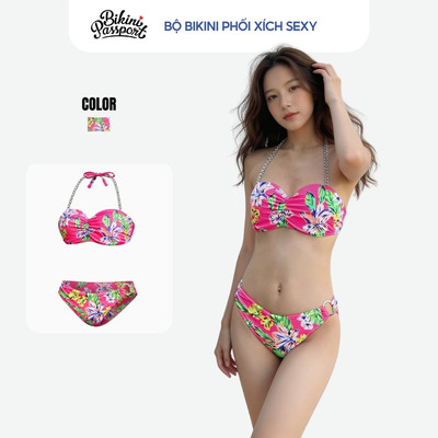 Đồ bơi nữ cao cấp Bikini Passport dạng hai mảnh may lộn phối dây xích bạc - Hồng - VS171_PK