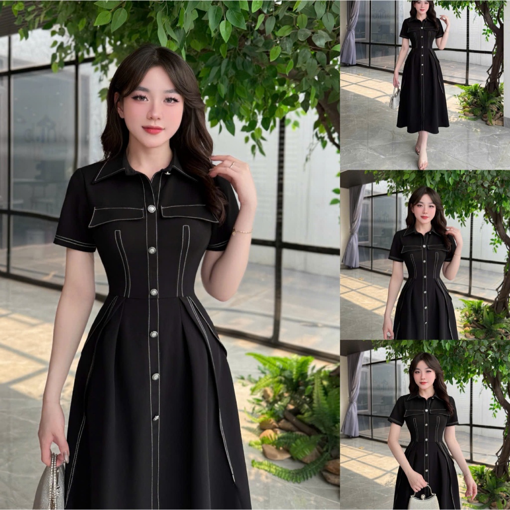 2TY57 - Váy Thiết Kế Eviici dành cho nữ, thiết kế cổ đức phối viền chỉ, dáng A xòe dài
