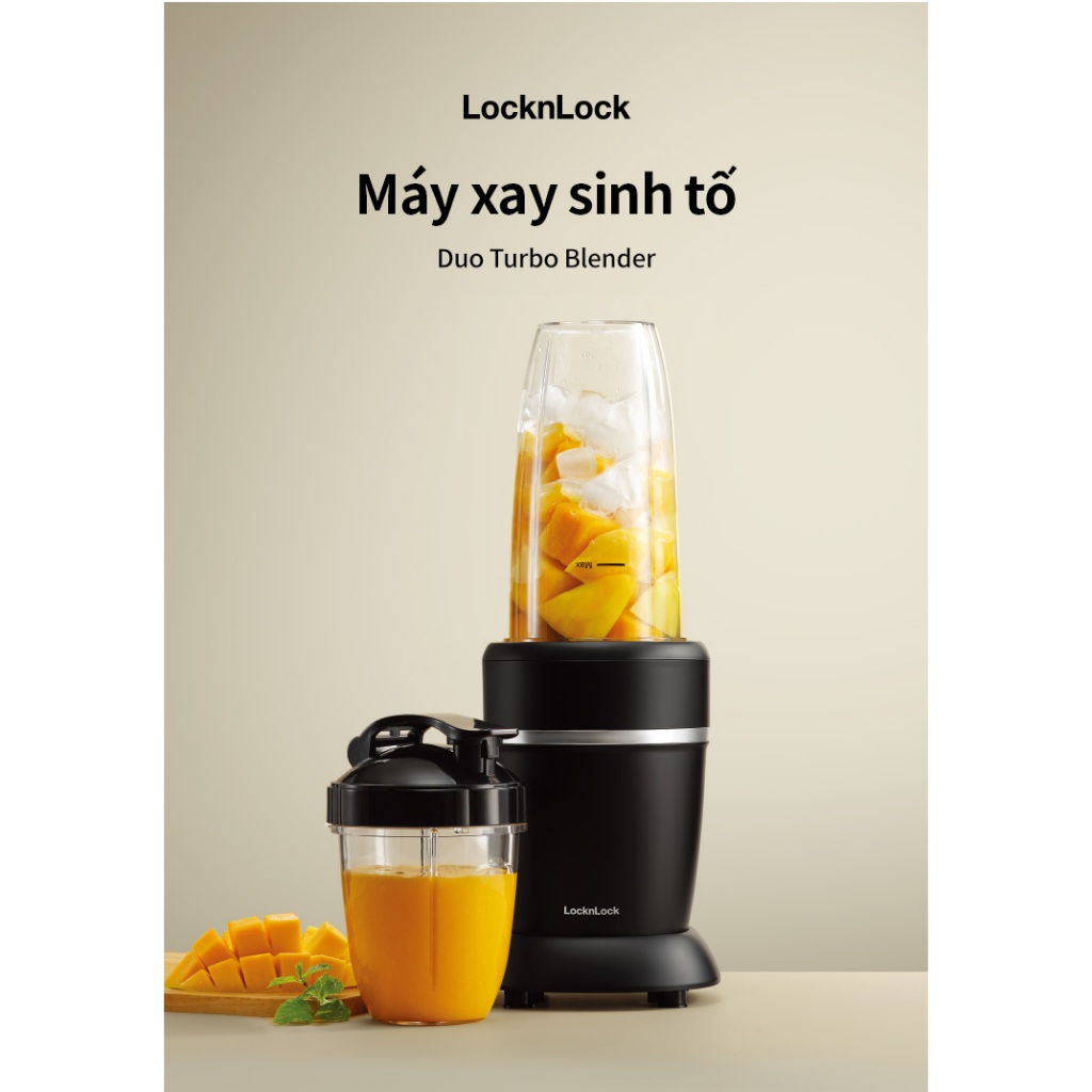 Máy Xay Sinh Tố LocknLock Duo Turbo Blender 2 Bình Đựng 500ml 950ml, Chống Trượt - EJM452BLK - Màu Đ