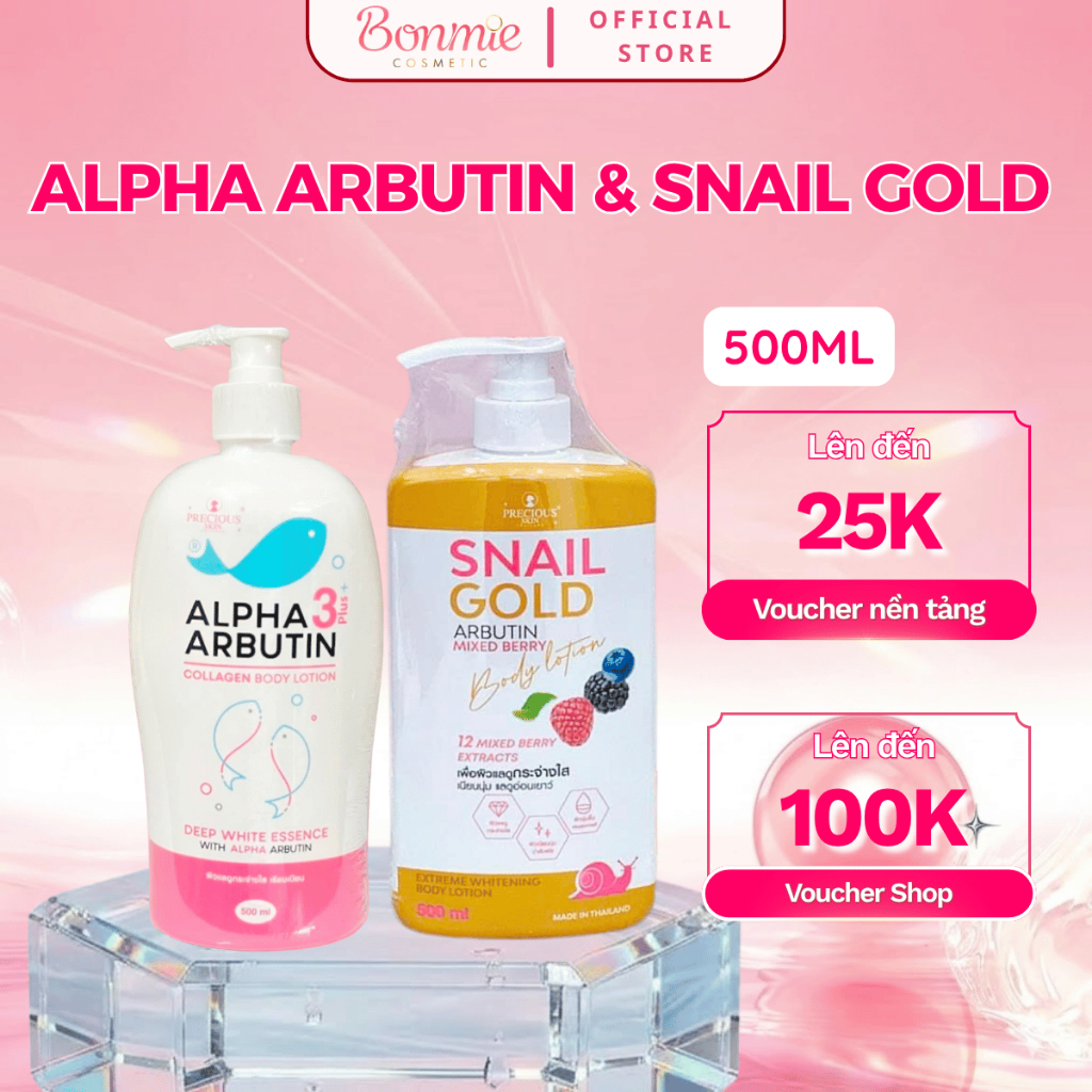 Alpha Arbutin & Snail Gold - Sữa Dưỡng Thể & Serum Kích Trắng Da Alpha Arbutin Collagen 3+Plus