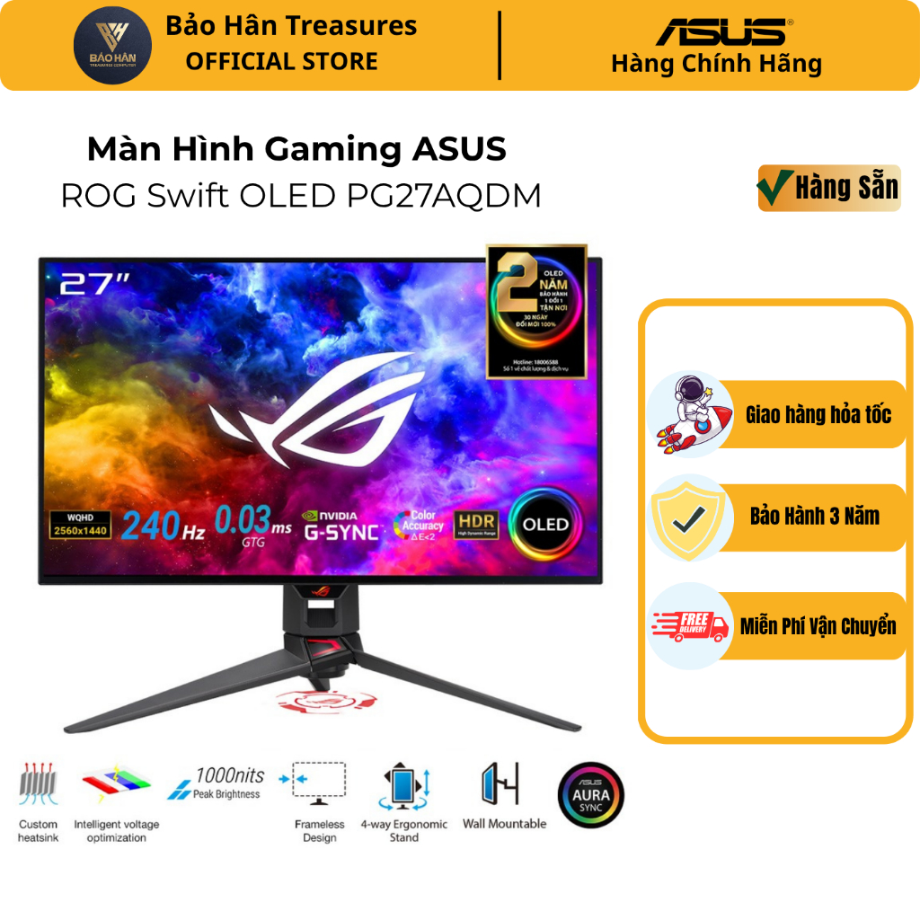 Màn Hình Gaming ASUS ROG Swift OLED PG27AQDM (26.5 inch - 2K - OLED - 240Hz - 0.03ms - FreeSync - GS