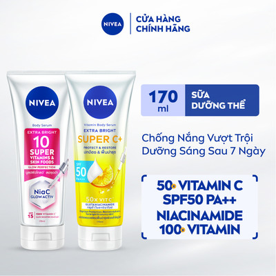 Bộ 2 Serum Dưỡng Thể Sáng Da NIVEA: Vitamin Super C+ và 10 Super Vitamins & Skin Foods (170 ml) - 93830+99193