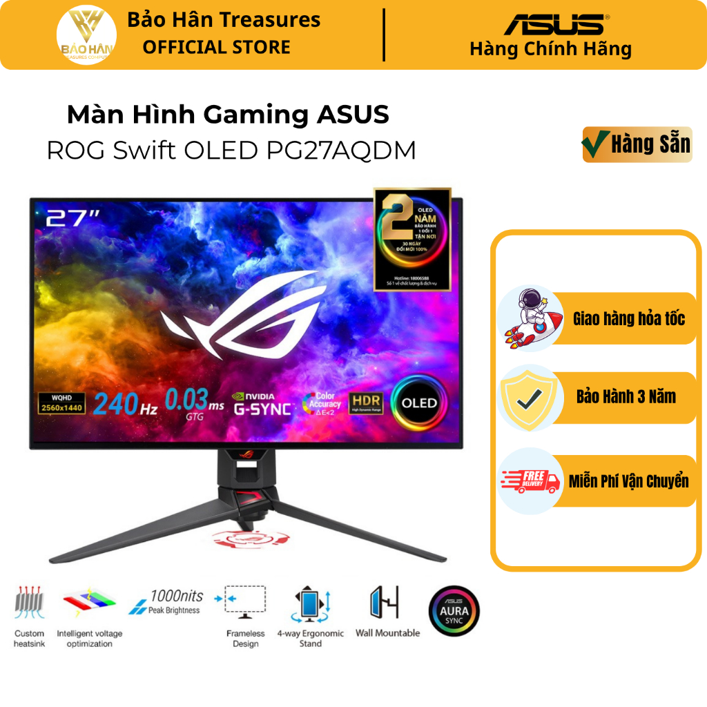 Màn hình Gaming Asus ROG Swift PG27AQDM 27" OLED 2K 240Hz HDR10 Gsync - Hàng Chính Hãng