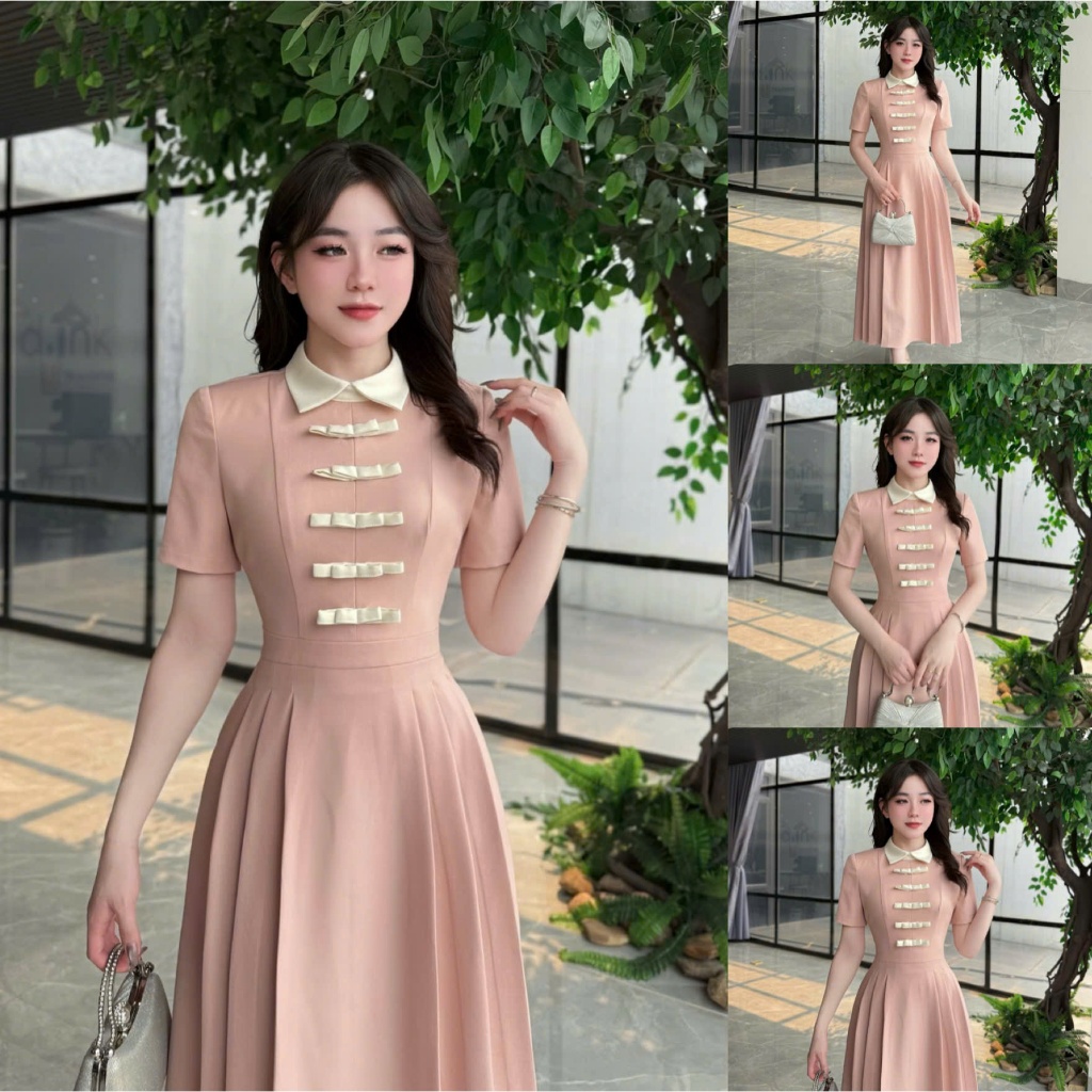 TY58 - Váy Thiết Kế Evii dành cho nữ, Đầm thiết kế cổ bẻ phối nơ liền trước ngực, dáng A xếp ly dài