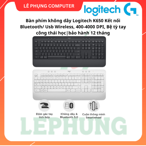 Bàn phím không dây Logitech Signature K650 Kết nối Bluetooth & USB Bolt, Bệ tỳ tay công thái học|bảo