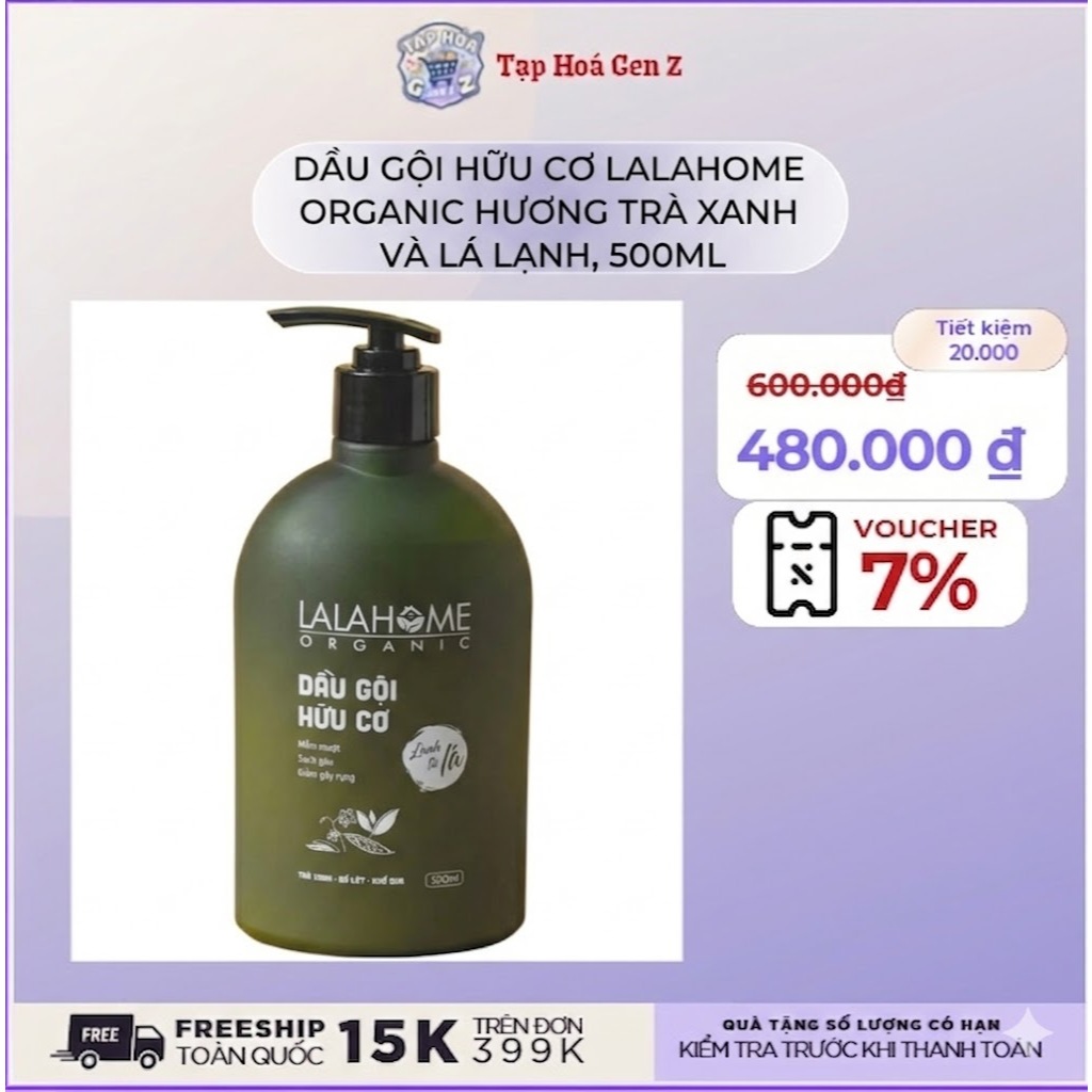 Dầu gội LalaHome Organic, dung tích 500ml – Dầu gội trà xanh dịu nhẹ