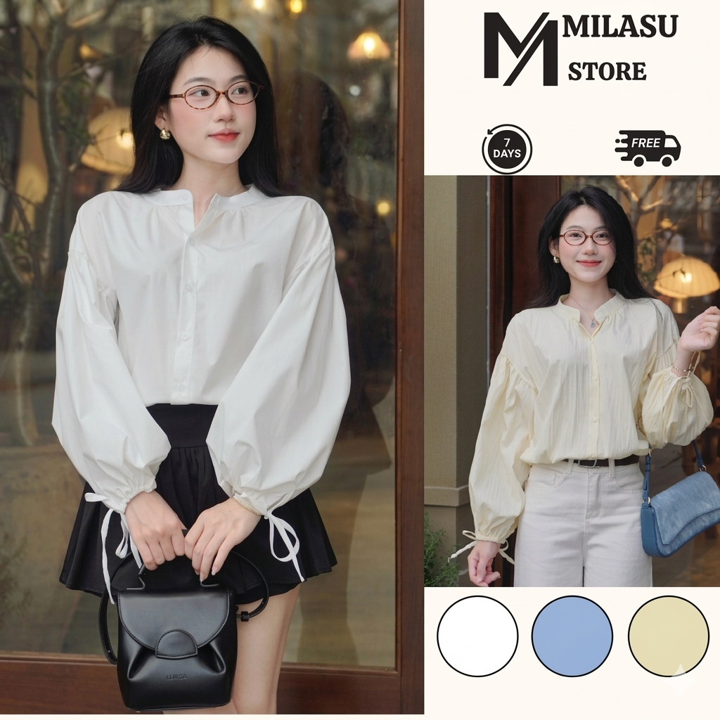 Áo Sơ Mi Babydoll Chất Liệu Gió Nhăn Mềm Mát Dáng Tay Phồng Thắt Nơ Milasu Áo Dài Tay From Rộng