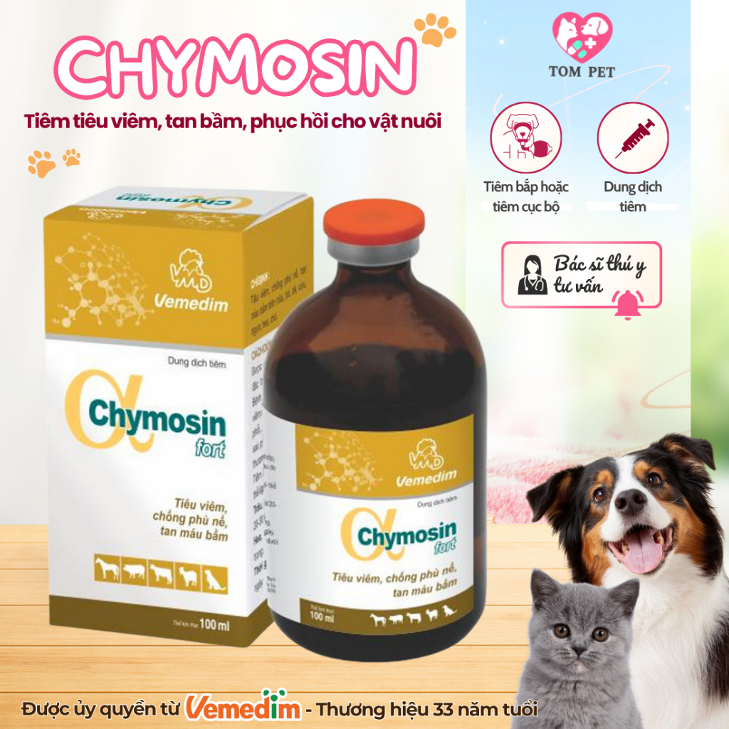 CHYMOSIN FORT Vemedim tiêm tiêu viêm, chống phù nề, tan máu bầm trên vật nuôi