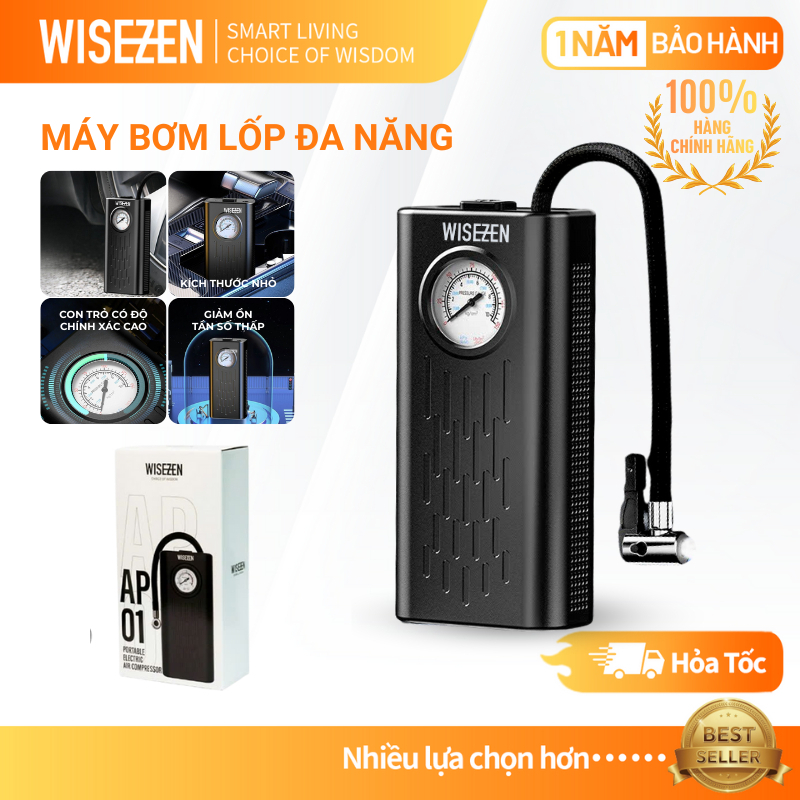 Máy Bơm Lốp ô Tô Wisezen Vật Dụng Không Thể Thiếu Trên Xe Thời Lượng Pin Dài Nhỏ Gọn Tiện Mang Theo