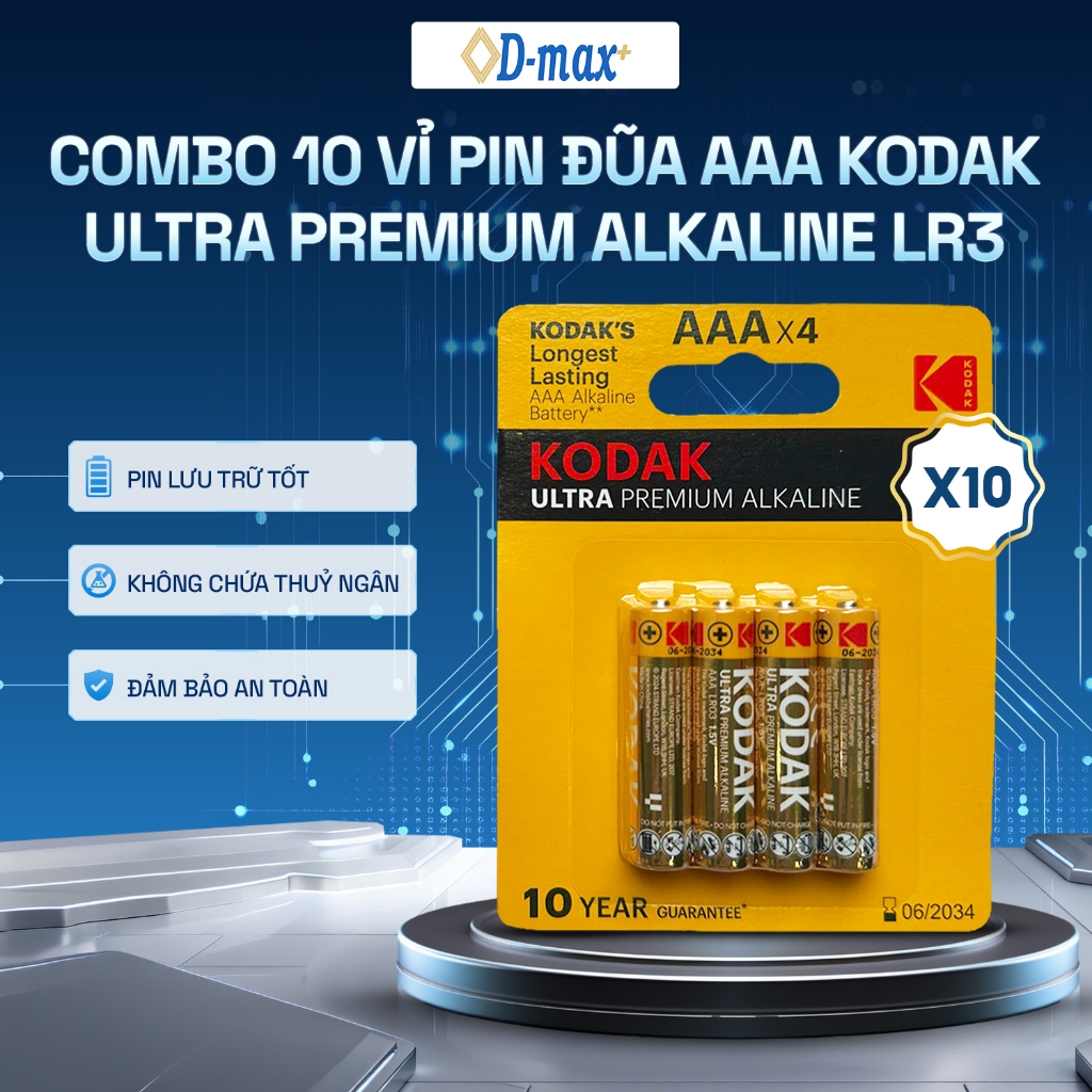 [Set 10 Vỉ] Pin Đũa AAA KODAK Ultra Premium Alkaline LR03 – Pin Kiềm Cao Cấp, Chính Hãng