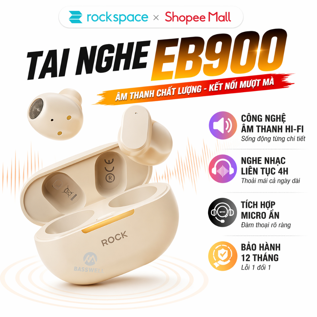 Tai nghe bluetooth không dây nhét tai Rockspace EB900 TWS có mic hàng chính hãng bảo hành 12 tháng