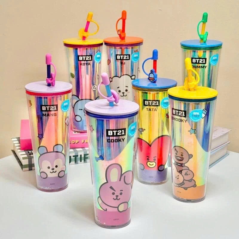 Bình nhựa hai lớp Miniso BT21 Collection kèm ống hút (800mL) Ly Cốc hai lớp BT21