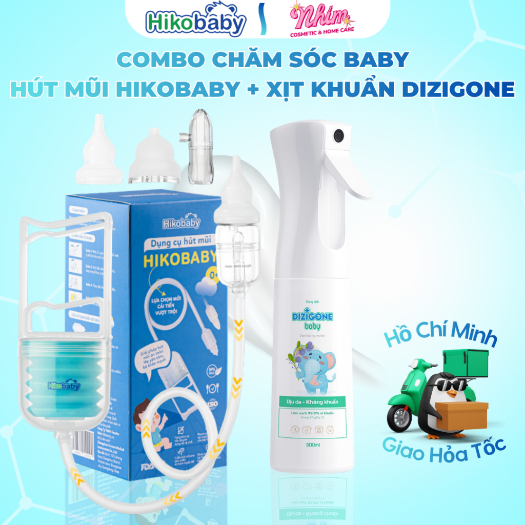 (Hỏa tốc) Combo Chăm Sóc Baby: Dụng Cụ Hút Mũi Hikobaby & Xịt Kháng Khuẩn Dizigone Baby 300ml
